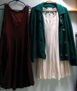 Old vs. new; youth vs. age: I've had the dress on the left for 17 years.  When I was younger, I would wear a light, open sweater, to emphasize the dress.  Now, I pair it with items like the shirt and sweater on the right.